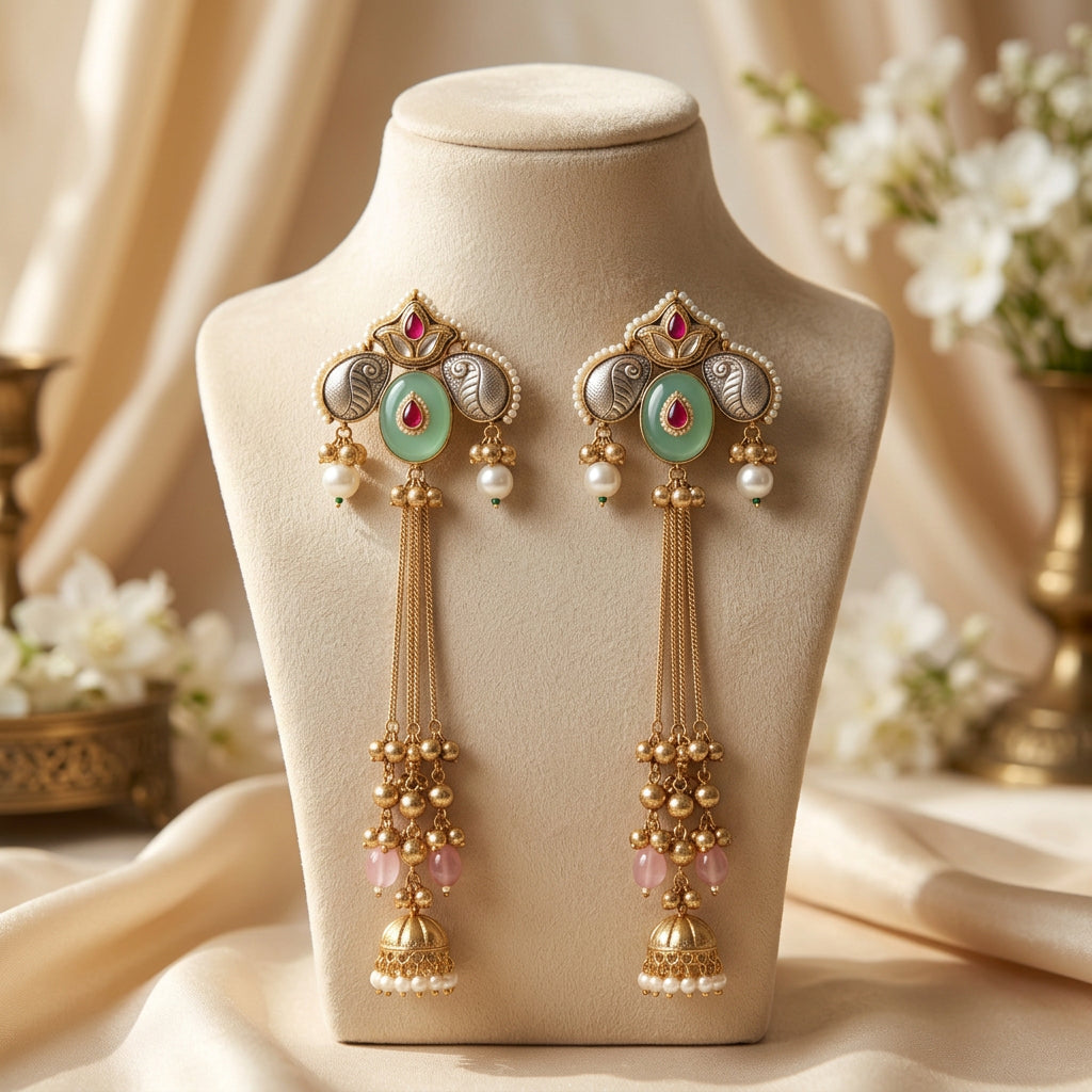 Zariya Kashmiri Earrings (Green-Pink)
