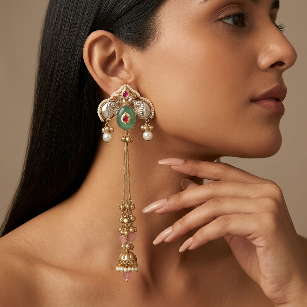 Zariya Kashmiri Earrings (Green-Pink)