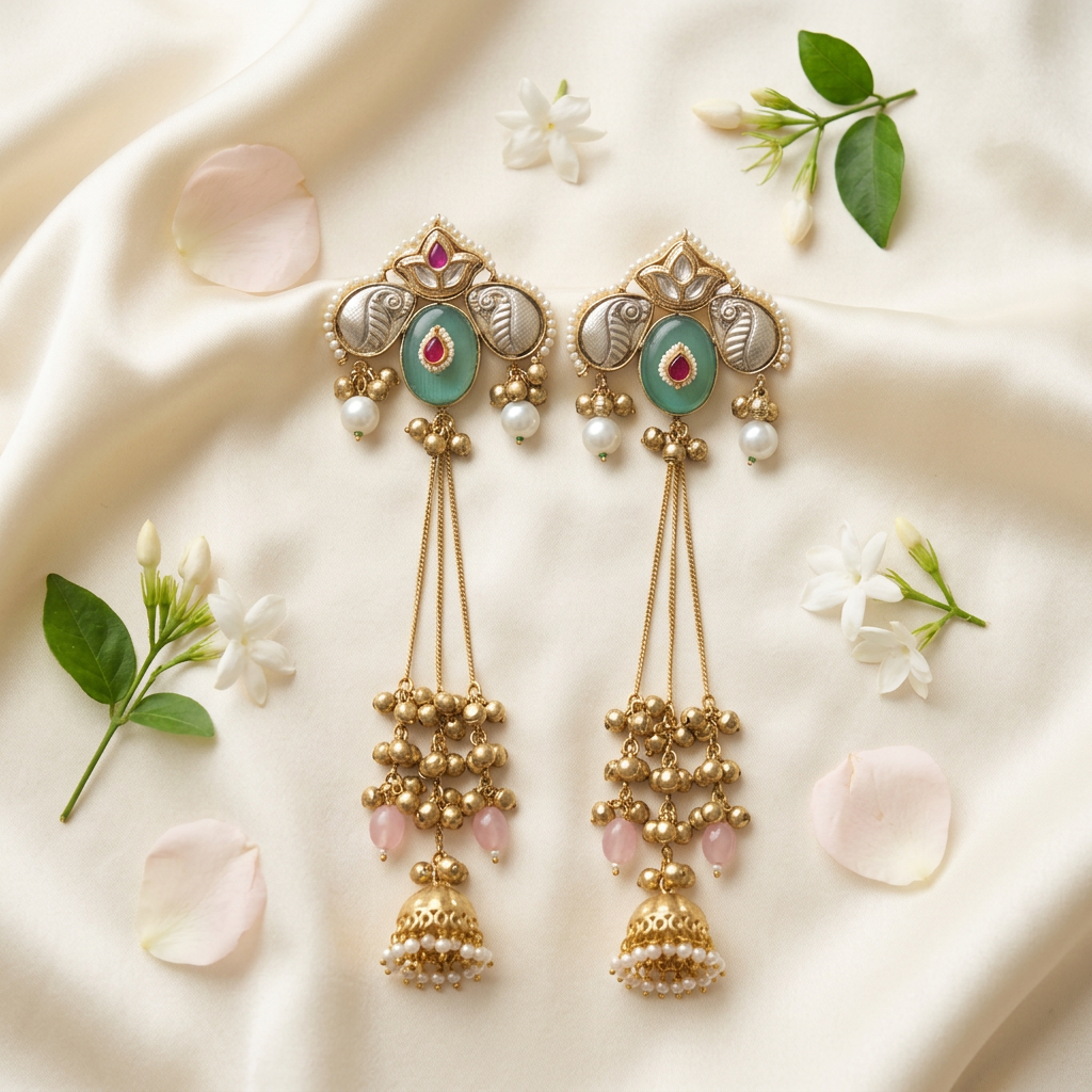 Zariya Kashmiri Earrings (Green-Pink)