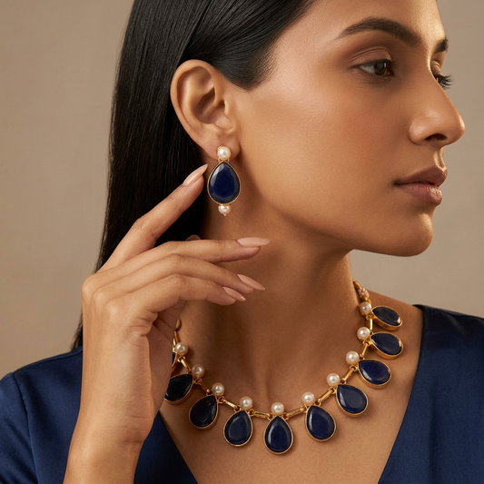 Urvi Stone Pearl Necklace Set (Royal Blue)
