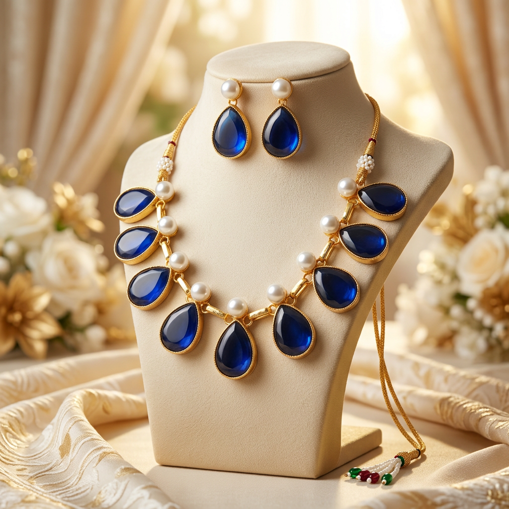 Urvi Stone Pearl Necklace Set (Royal Blue)