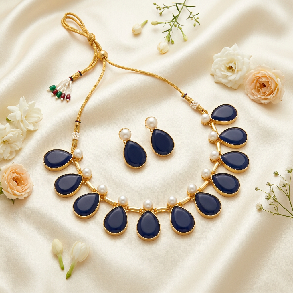 Urvi Stone Pearl Necklace Set (Royal Blue)