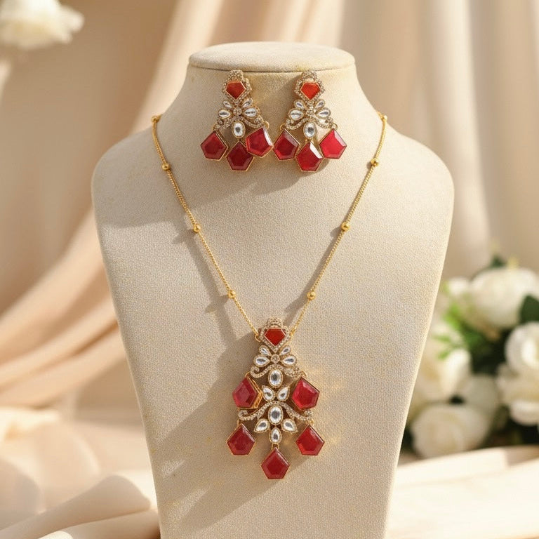 Aarshiya Chain Kundan Necklace (Red)