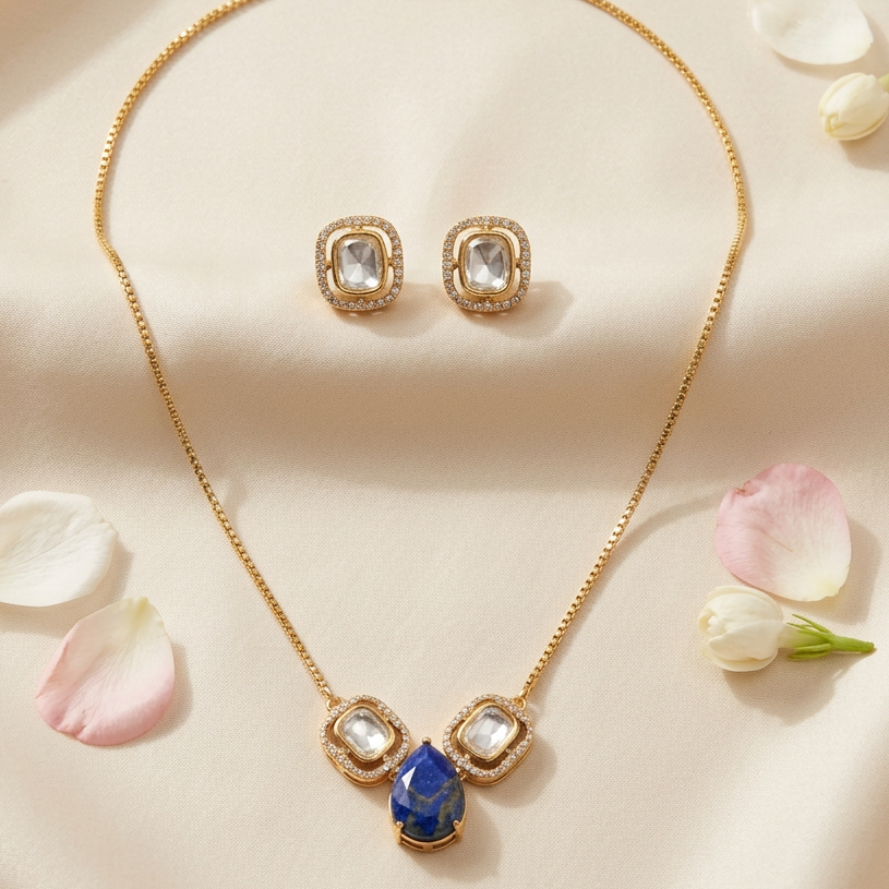 Rhea Kundan Chain Pendant Set (Blue)