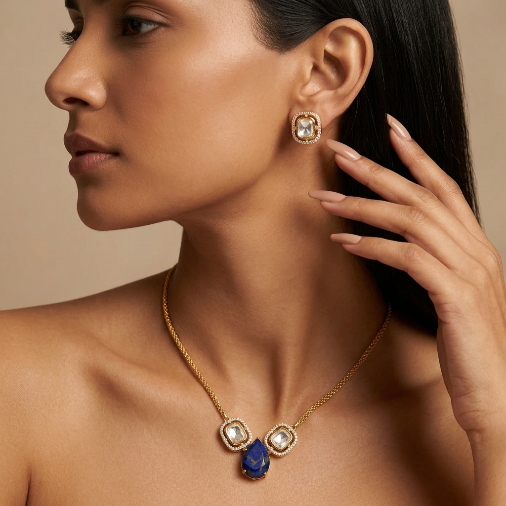 Rhea Kundan Chain Pendant Set (Blue)