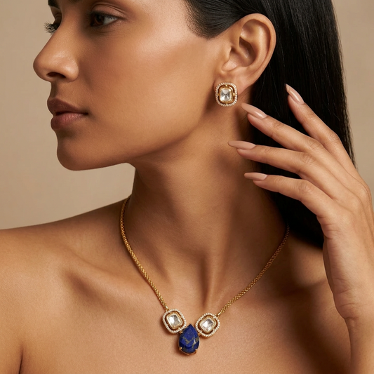 Rhea Kundan Chain Pendant Set (Blue)