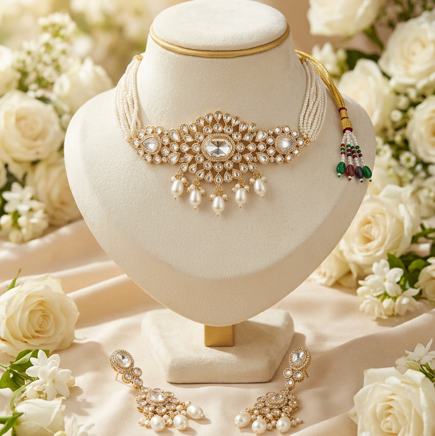 Sanvi Kundan Pearl Choker Necklace Set (White)