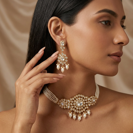 Sanvi Kundan Pearl Choker Necklace Set (White)