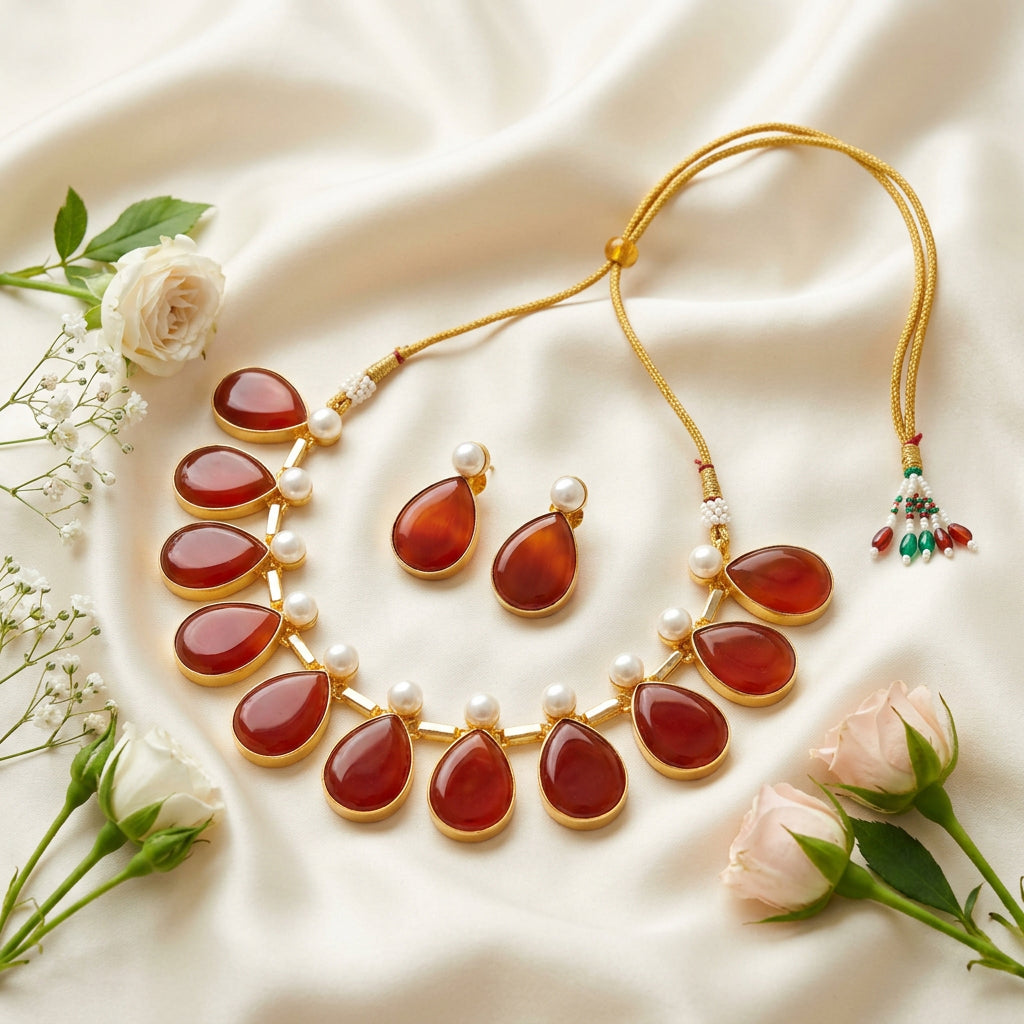 Naina Stone Pearl Necklace Set (Orange)