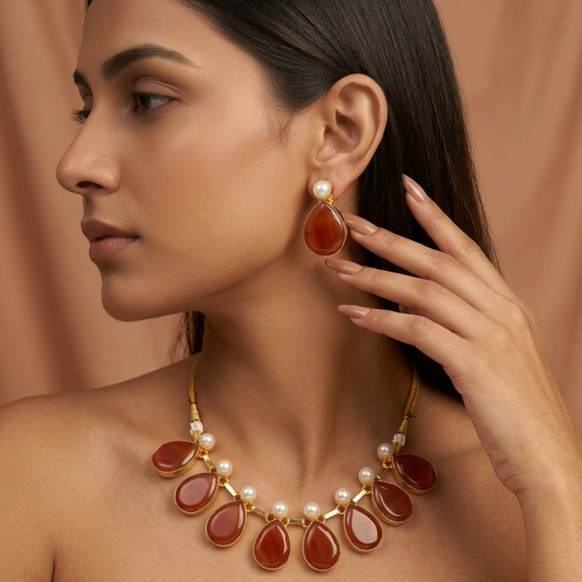 Naina Stone Pearl Necklace Set (Orange)