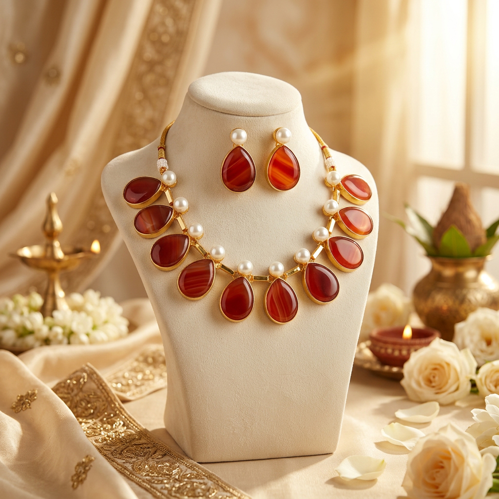 Naina Stone Pearl Necklace Set (Orange)