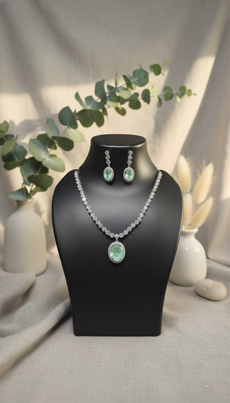 Regal Solitaire AD Necklace (Mint Green)