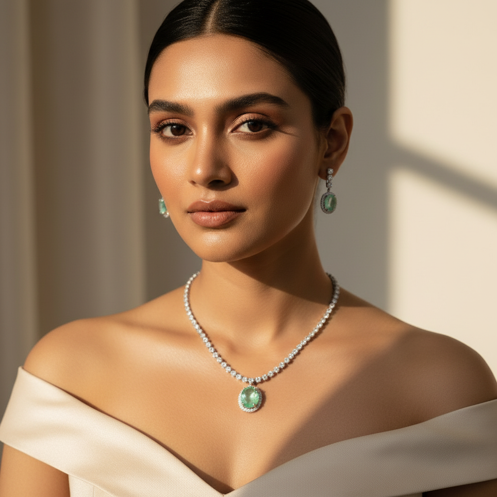 Regal Solitaire AD Necklace (Mint Green)