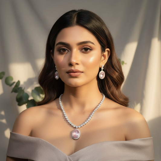 Regal Solitaire AD Necklace (Pink)