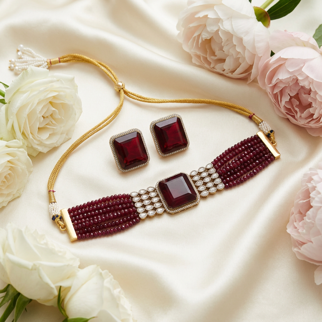 Vaani AD Kundan Choker Necklace Set (Wine)