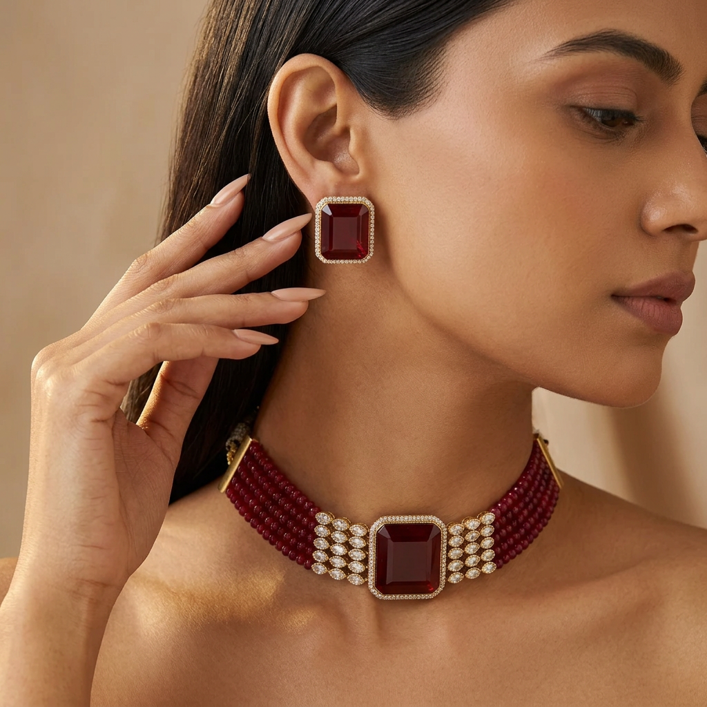 Vaani AD Kundan Choker Necklace Set (Wine)