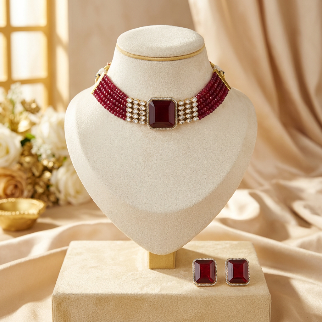 Vaani AD Kundan Choker Necklace Set (Wine)