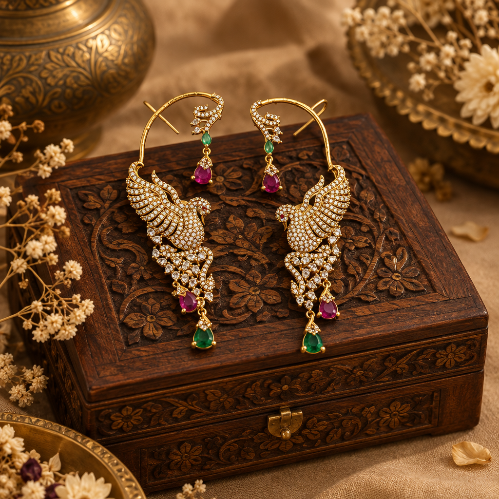 Riya Temple Ear Cuffs (Green-Pink)