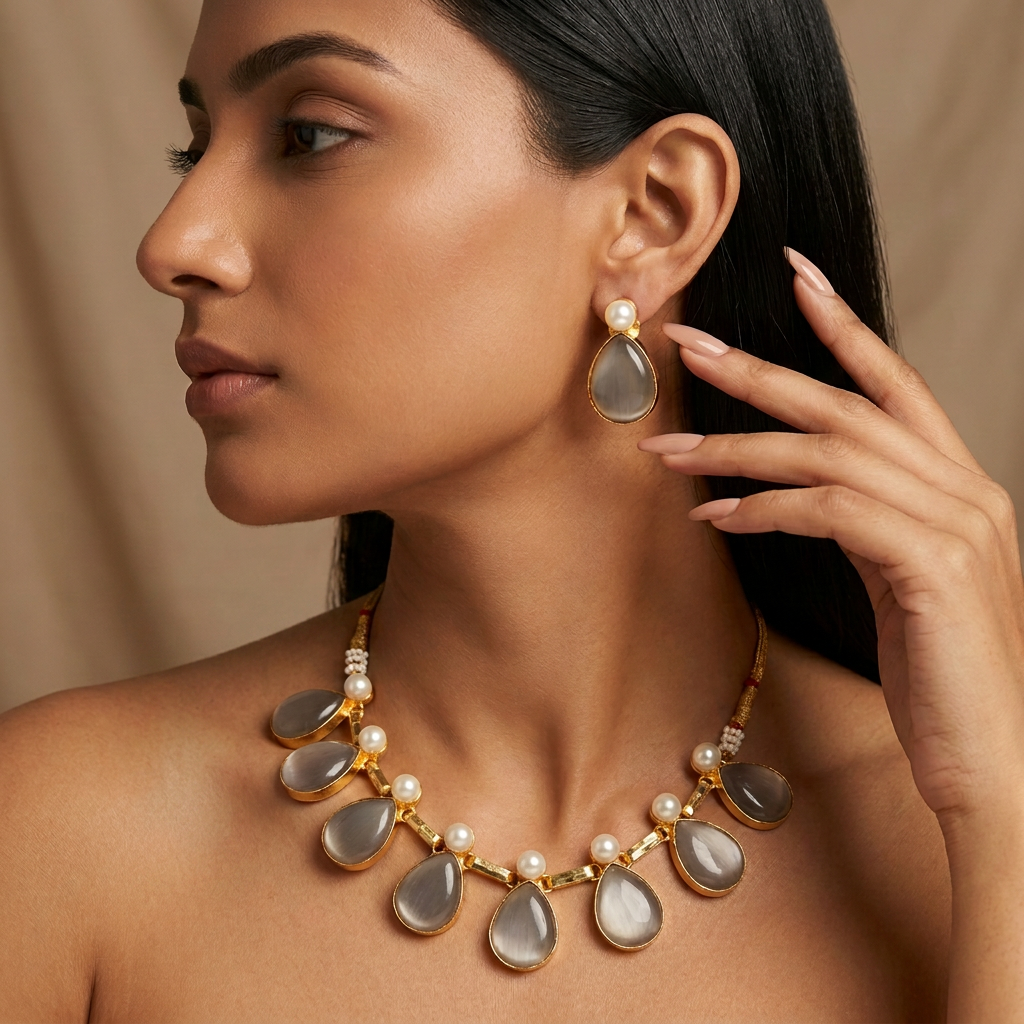 Riva Stone Pearl Necklace Set (Grey)