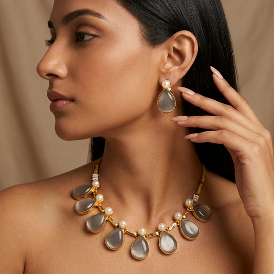 Riva Stone Pearl Necklace Set (Grey)