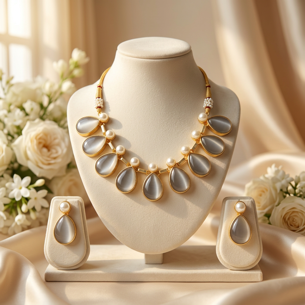Riva Stone Pearl Necklace Set (Grey)
