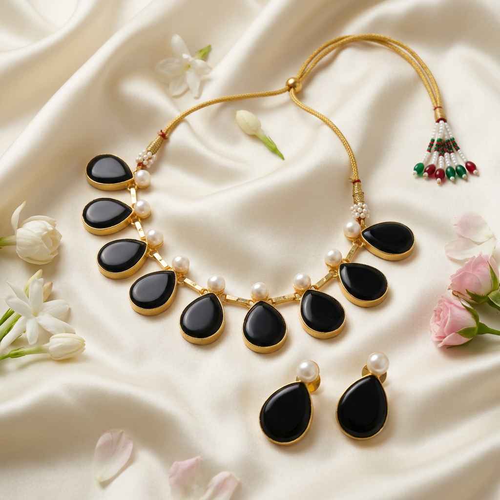 Tisha Stone Pearl Necklace Set (Black)