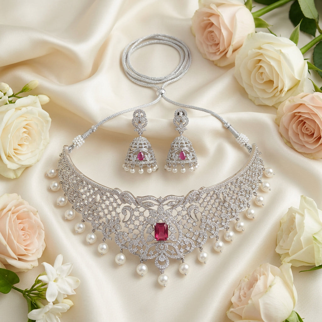 Kavya AD Choker Necklace Set (Pink)