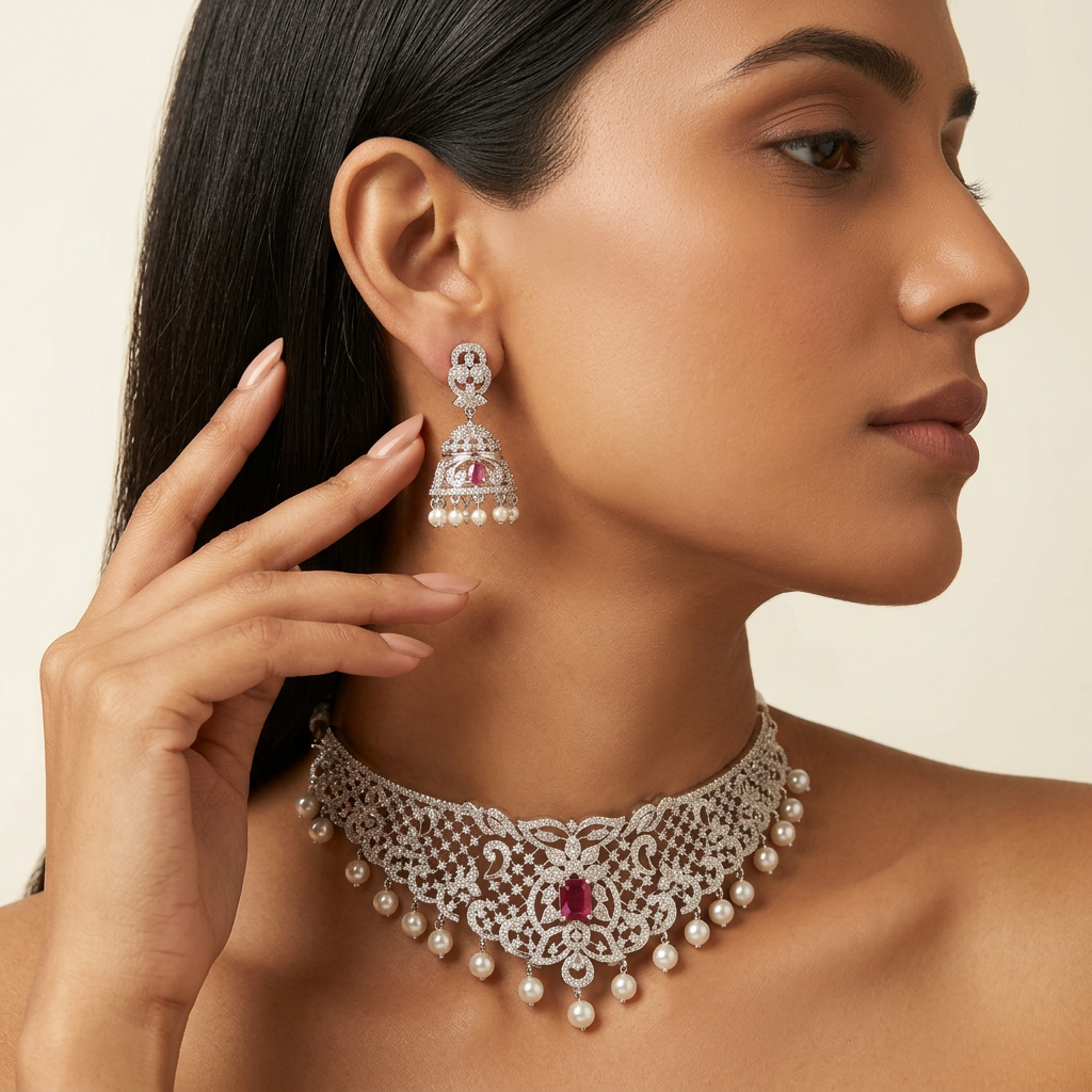 Kavya AD Choker Necklace Set (Pink)