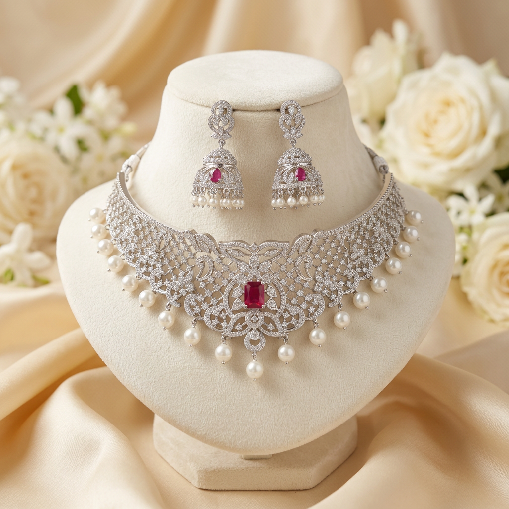Kavya AD Choker Necklace Set (Pink)