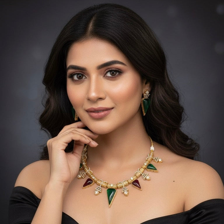 Zarina Polki Necklace (Wine and Green)