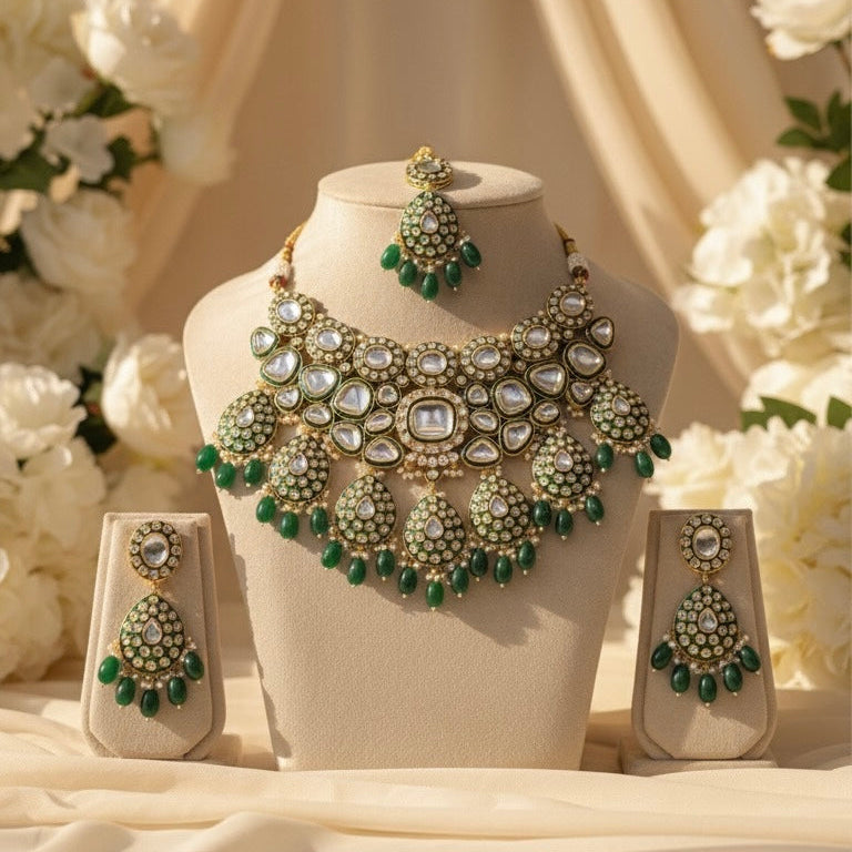 Nayab Meenakari Polki Bridal Necklace (Green)