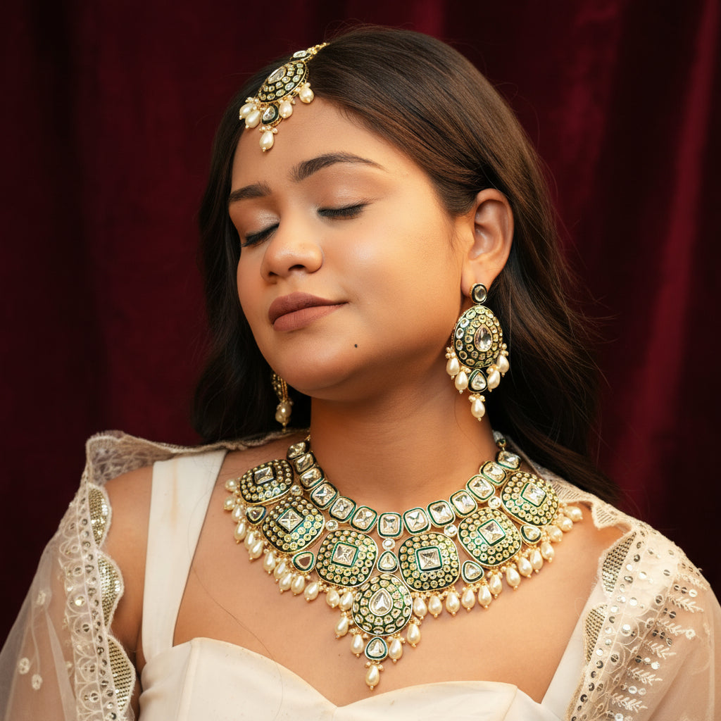 Rajwada Bridal Kundan Necklace (Green and White)