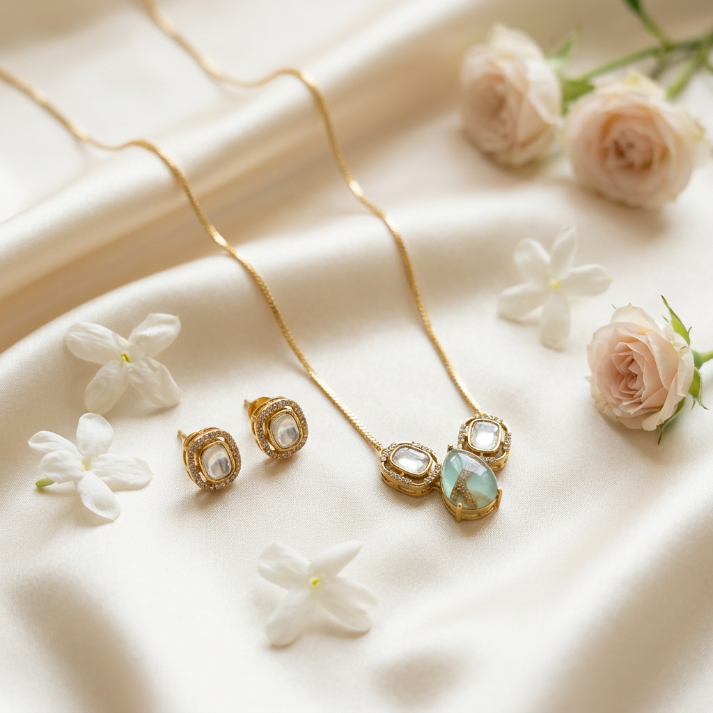 Zoya Kundan Chain Pendant Set (Light Green)