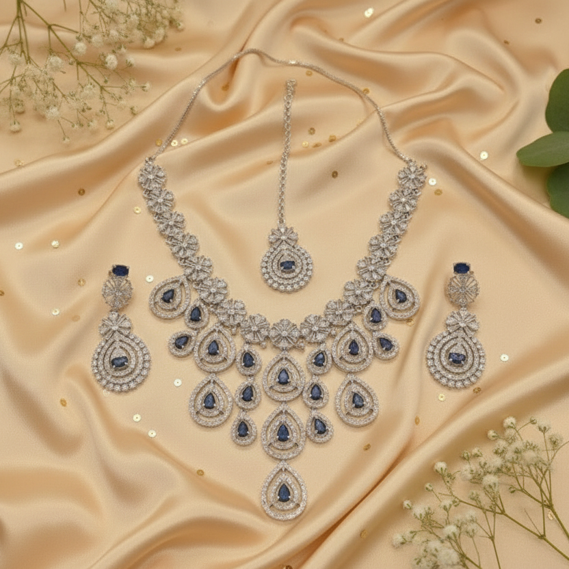 Royal Bloosom AD Necklace (Blue)
