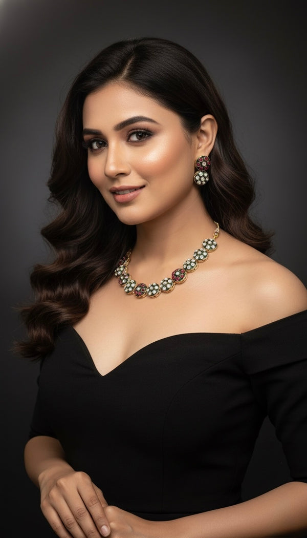 Meher Kundan Necklace (Green and Pink)