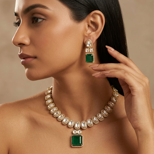 Rukmini Kundan Necklace Set (Green)