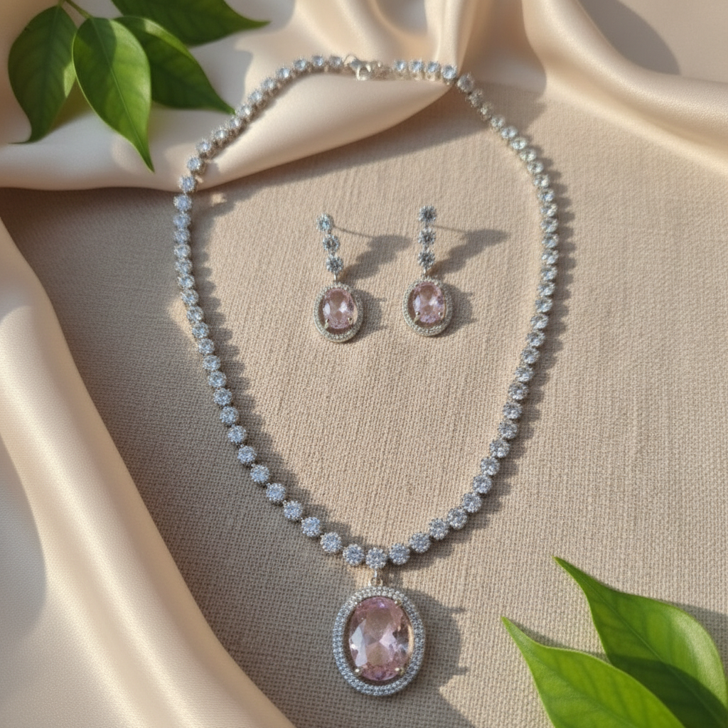 Regal Solitaire AD Necklace (Pink)