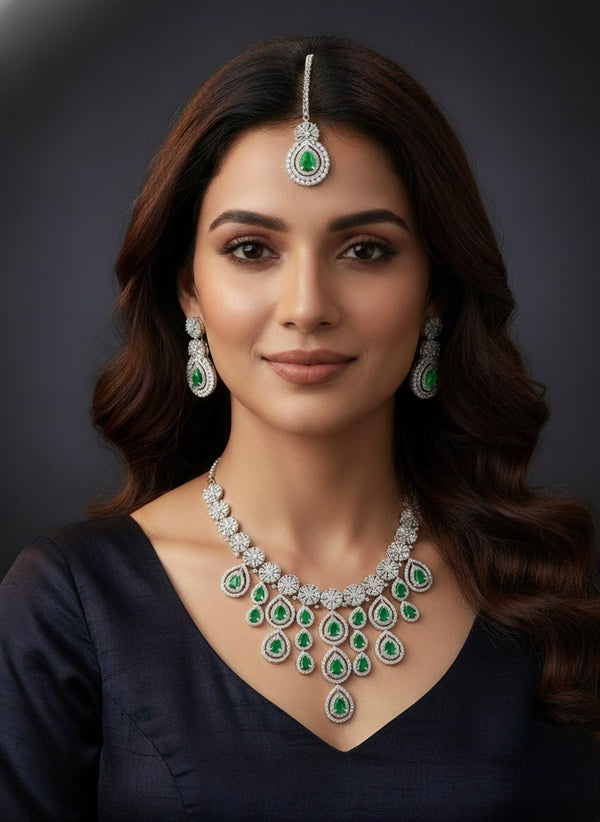 Royal Bloosom AD Necklace (Green)