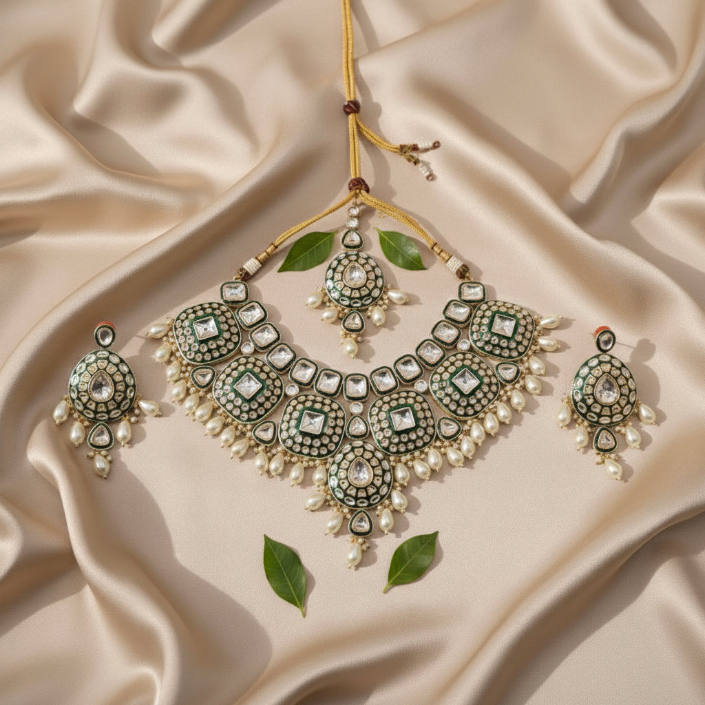 Rajwada Bridal Kundan Necklace (Green and White)