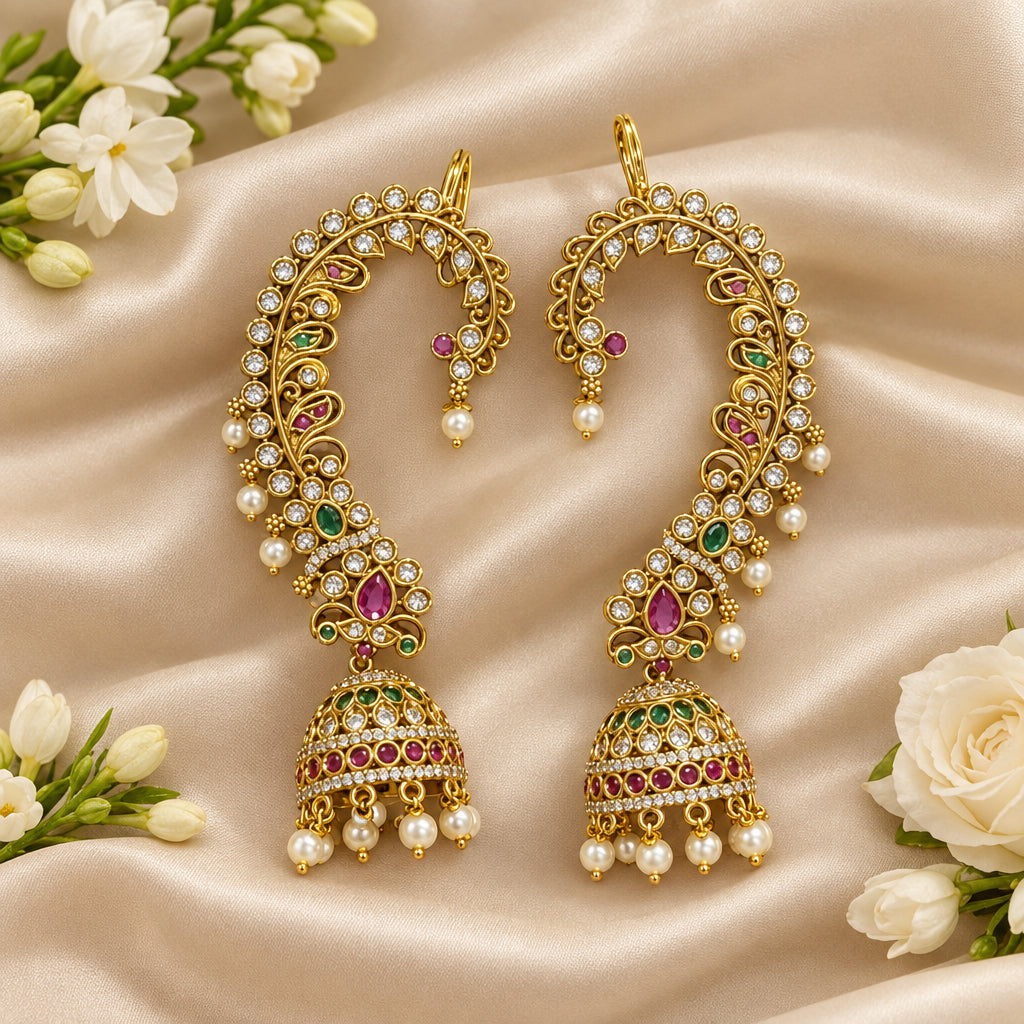 Nisha Temple Ear Cuffs (Green-Pink)