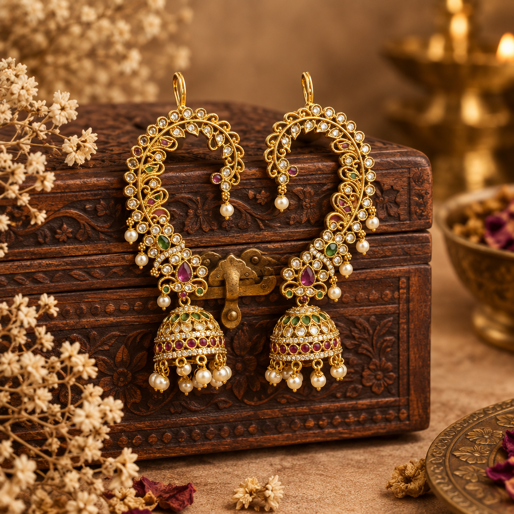 Nisha Temple Ear Cuffs (Green-Pink)
