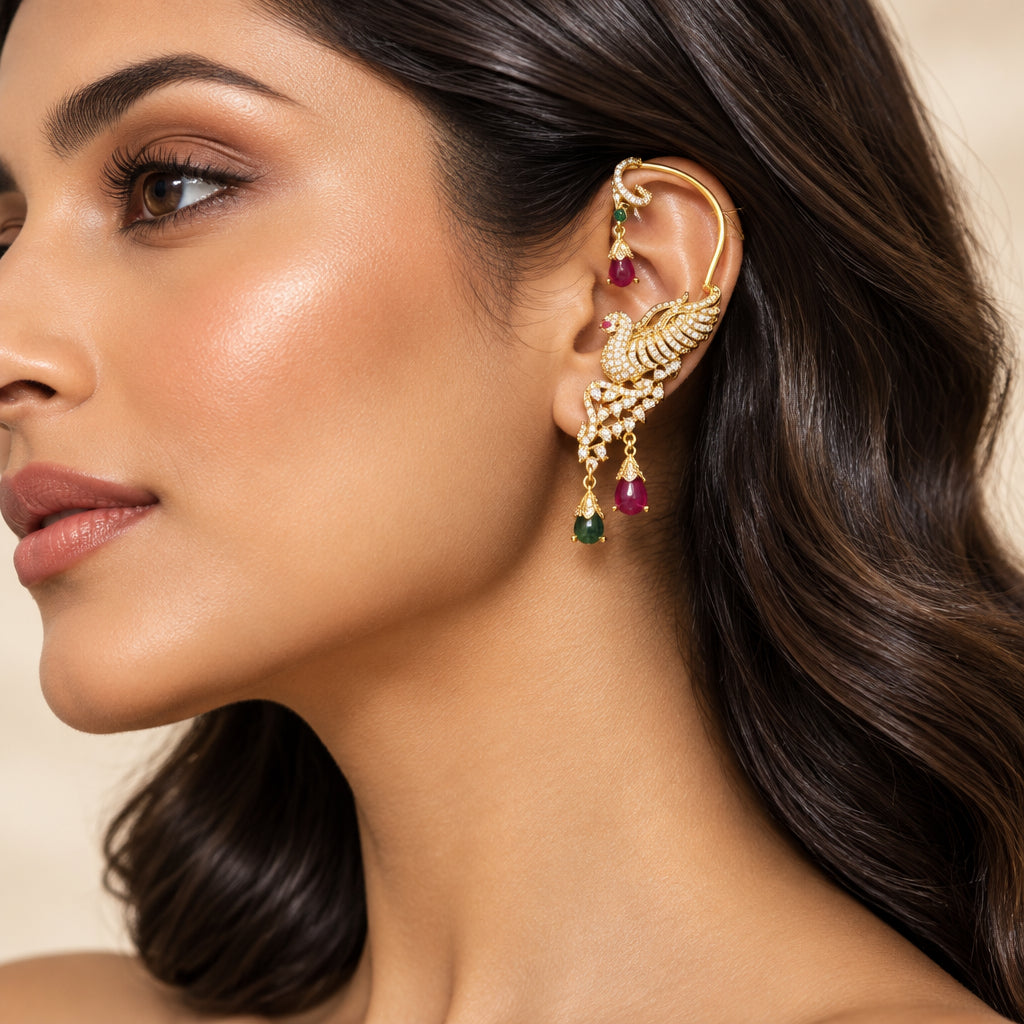 Riya Temple Ear Cuffs (Green-Pink)