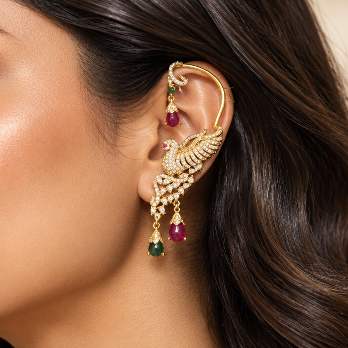 Riya Temple Ear Cuffs (Green-Pink)