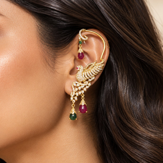Riya Temple Ear Cuffs (Green-Pink)