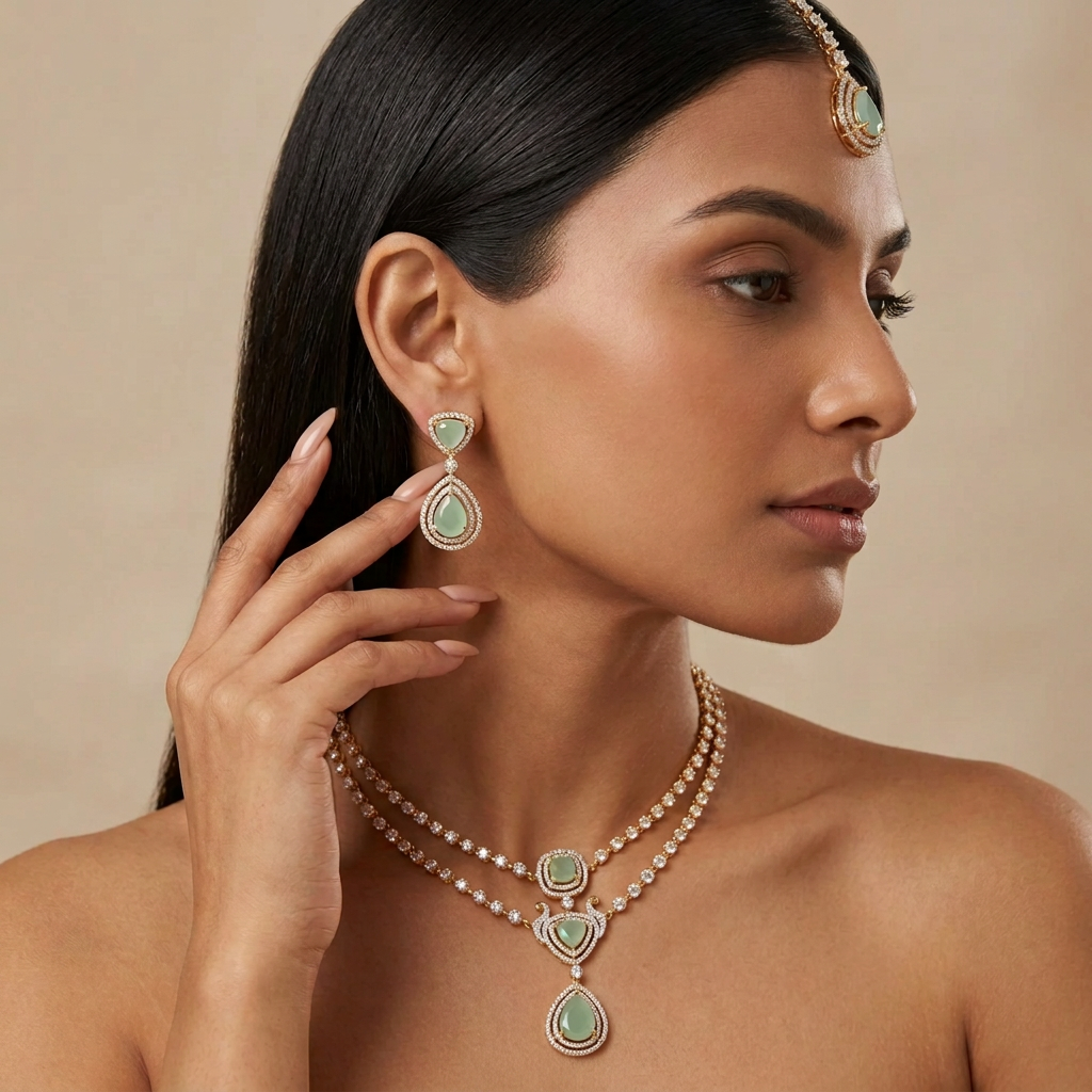 Lavanya AD Necklace Set (Mint Green)