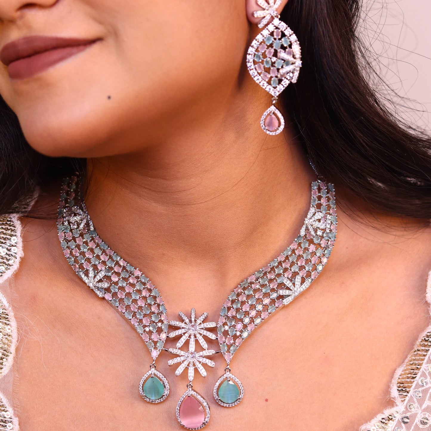 Emerald Bloom AD Necklace (Green-Pink)