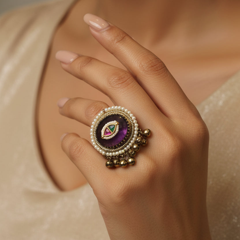 Nia Adjustable Kashmiri Ring (Purple)