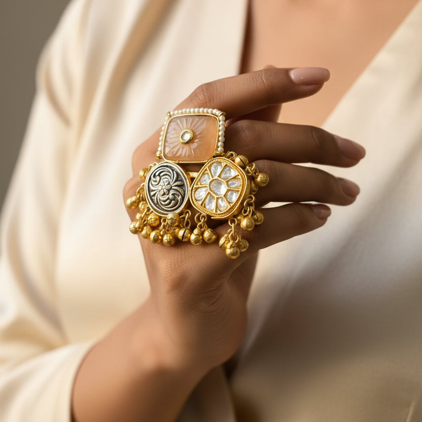 Naira Adjustable Kashmiri Ring (Peach)