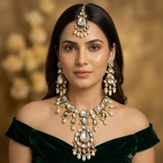 Lavika Meenakari Polki set (Green-Ivory)