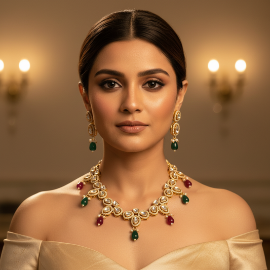 Noorika Kundan Set (Wine and Green)
